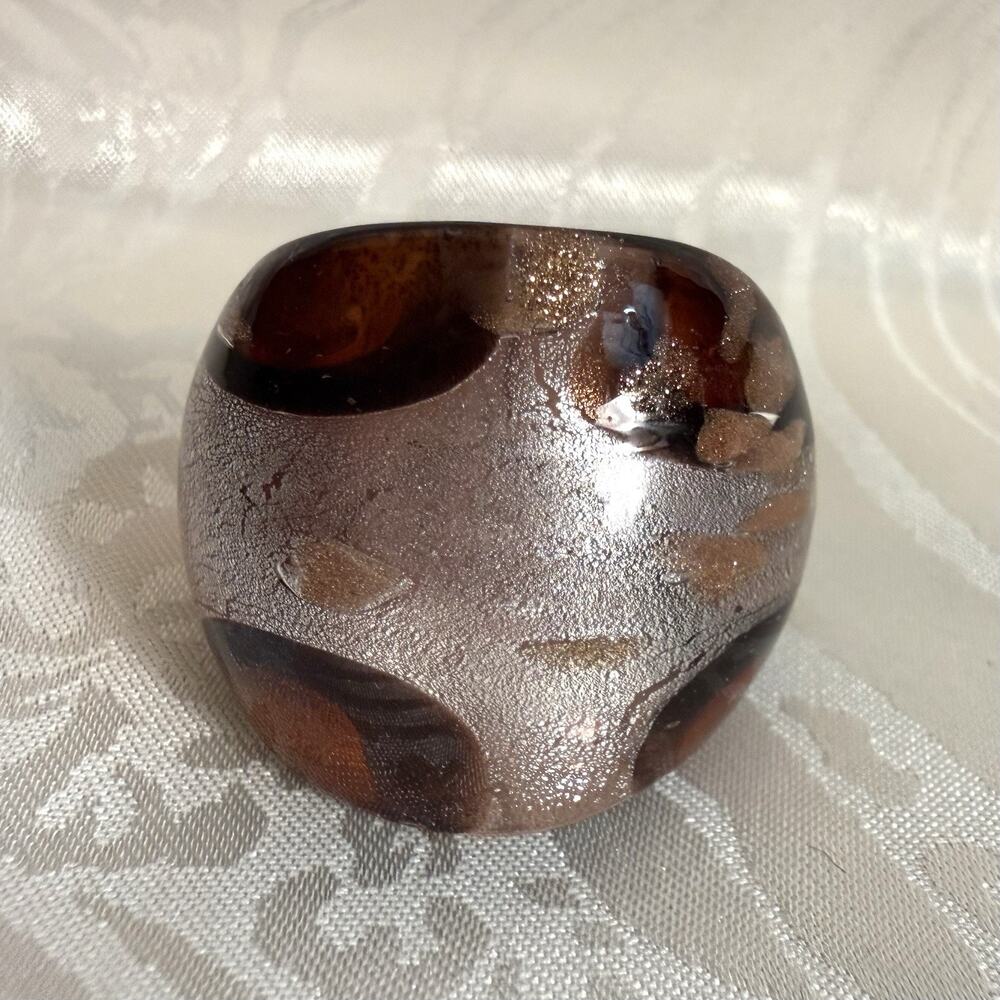 Artisan Lampwork Style Art Glass Dome Ring Sz 6.25 Luminous Brown Silver Copper